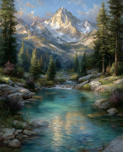 Sunlit alpine river below - sunlit,